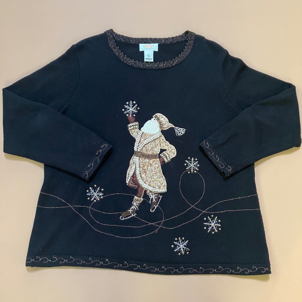 Talbots Woman Petites 1X Christmas‎ Santa Ice Skating Beaded Sweater Black Plus